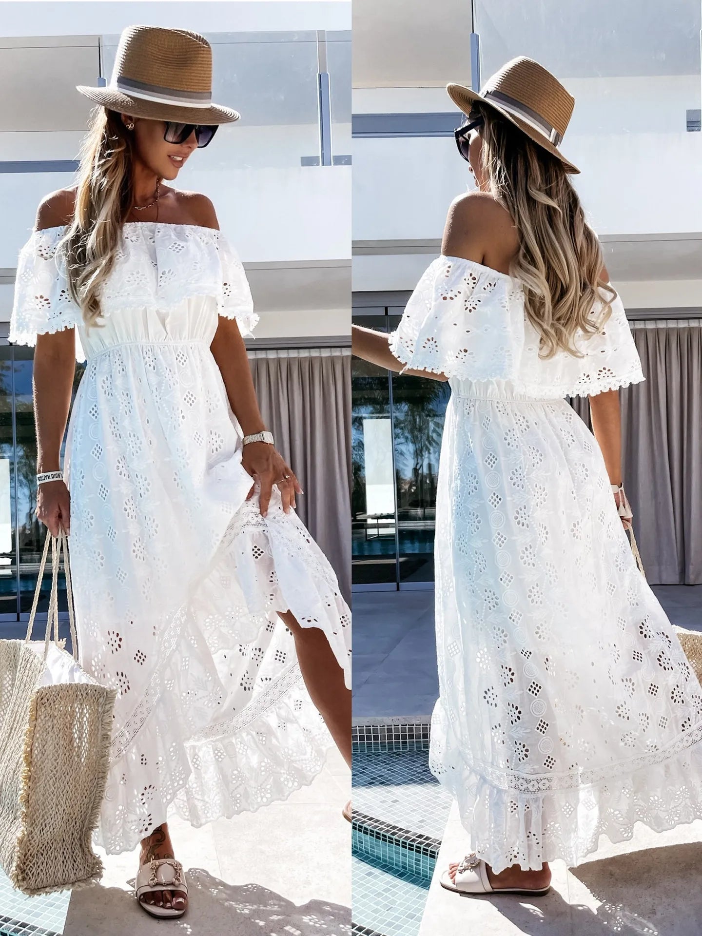 JANELLE - SCHULTERFREIES BOHO-SOMMERKLEID IN WEISS